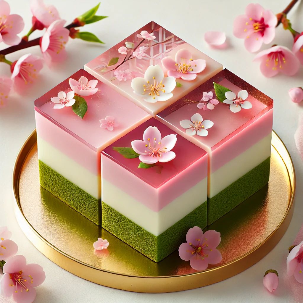 Matcha Cherry Blossom Jello Cake Slices